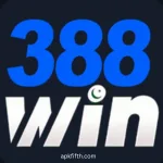 388 Win Game logo with golden numbers, crown, coins, dice, and playing cards on black background