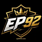 EP92 Game logo with bold gold and white lettering on a black background, featuring a premium gaming-style shield and crown design.