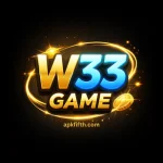 W33 Game logo on a black background with golden and blue 3D text, featuring sparkling coins and dynamic light effects.
