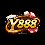 Y888 Game logo in bold golden text on black background with dice, poker chip, and playing cards.