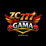 ZC777 Game logo with metallic gold and red 777, wings, dice, on black background, online gaming platform.