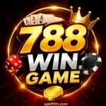 Logo of 788 Win Game with golden 3D text, crown, dice, poker chip, and playing cards on a dark red and black background.