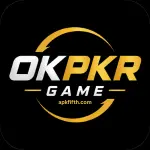 OKPKR Game logo featuring a modern gold and white text design on a black background in app icon style.