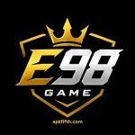 E98 Game logo with black background and golden silver gaming style design.